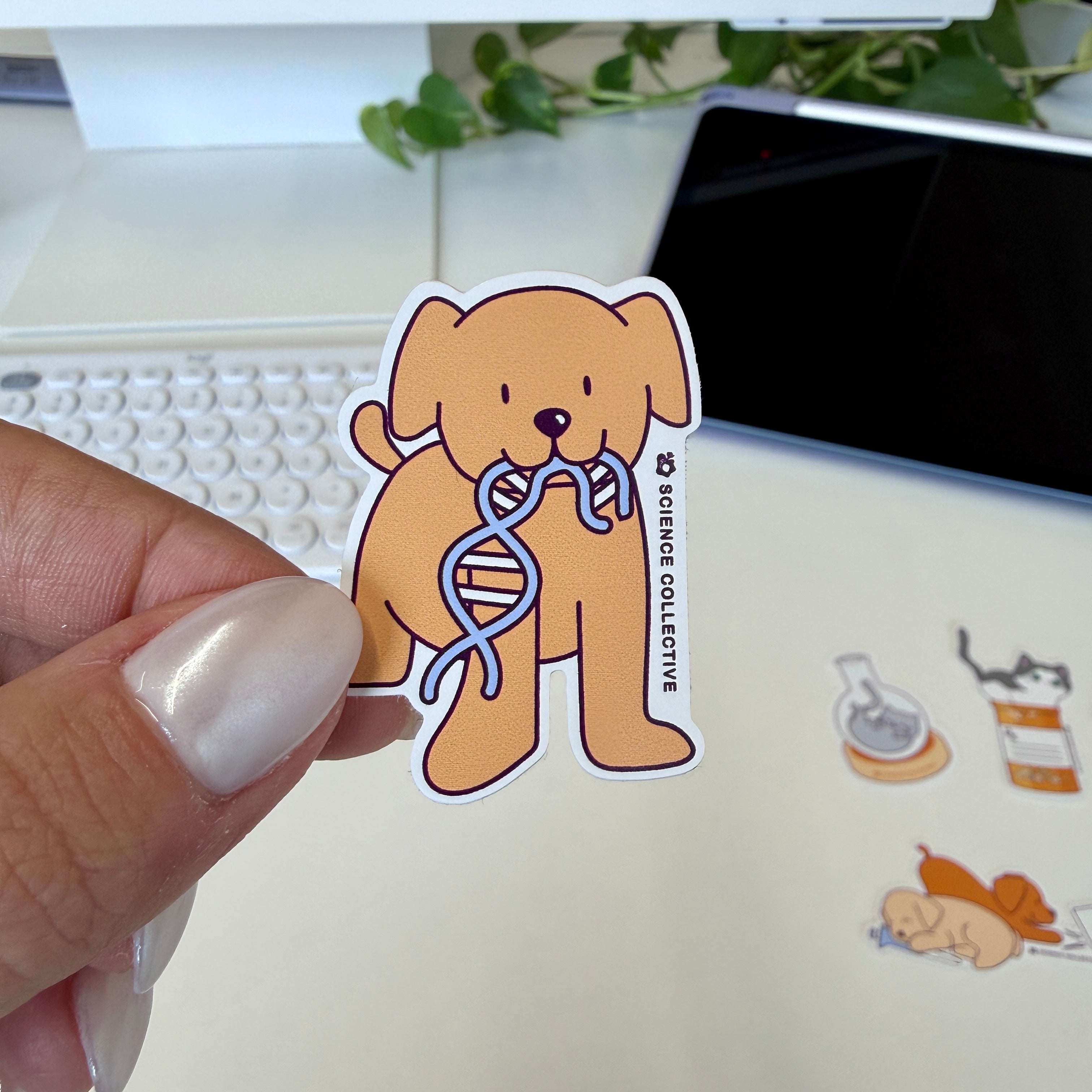 Cute biochemistry sticker from science collective featuring a dog with DNA