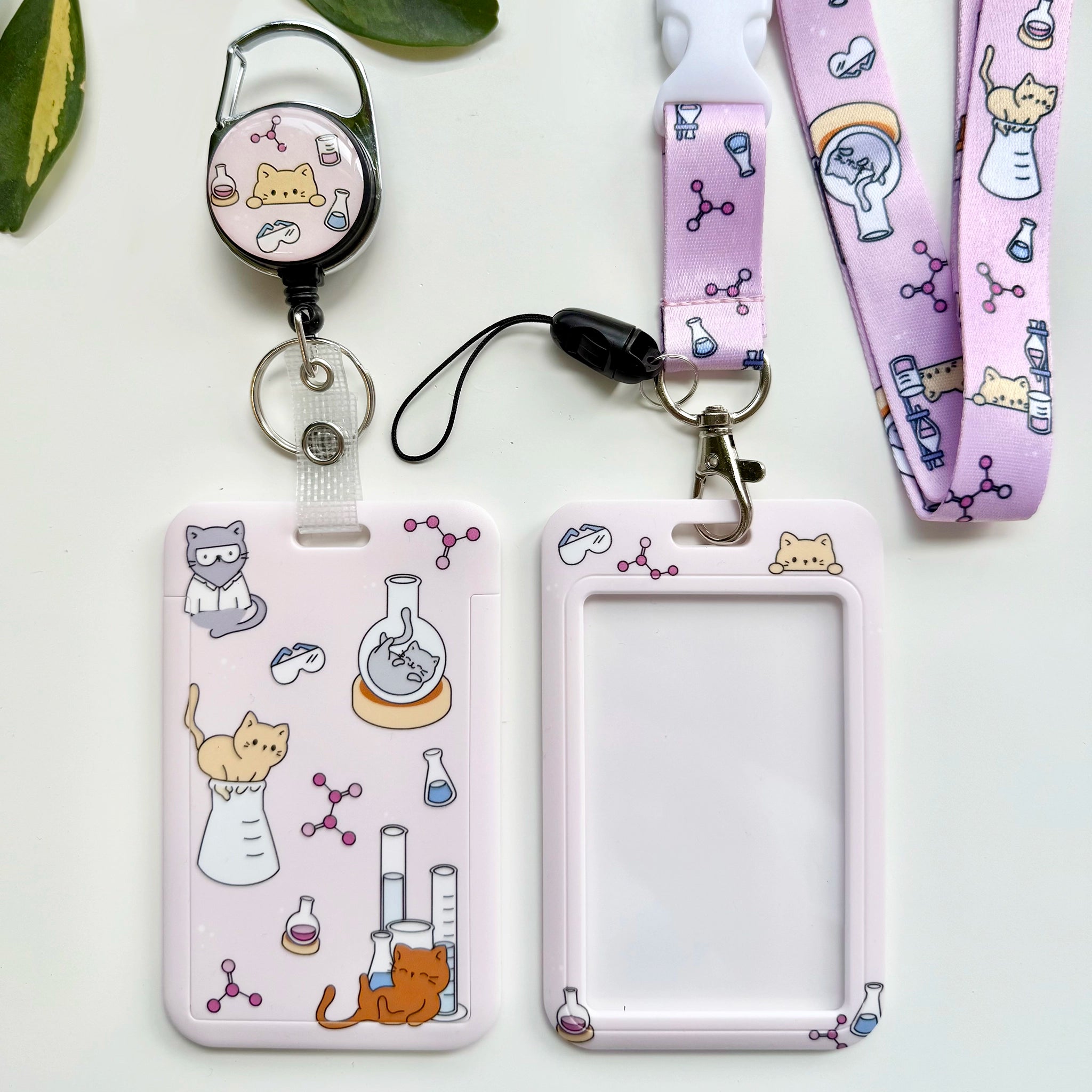 Chemistry card holder set including a lanyard, card holder, and retractable badge reel