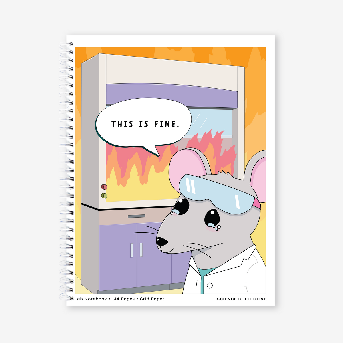 Laboratory notebook with an illustrated cover design featuring a lab rat