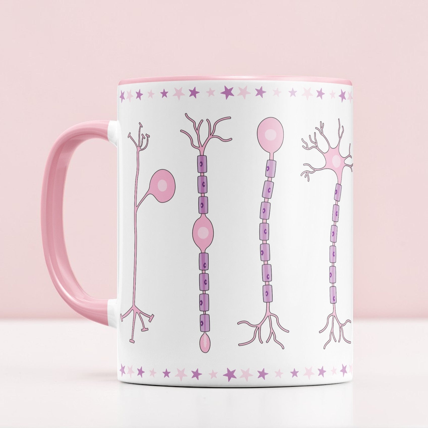 Pink neuroscience mug with neurons